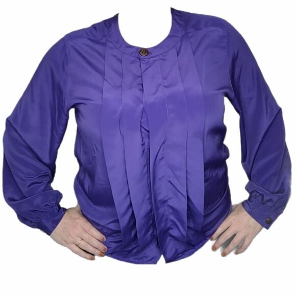 VINTAGE 90s blouse bright purple pleated button up secretary top XL - Picture 1 of 12